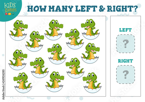 How many left and right cartoon crocodile in the egg kids counting game vector illustration