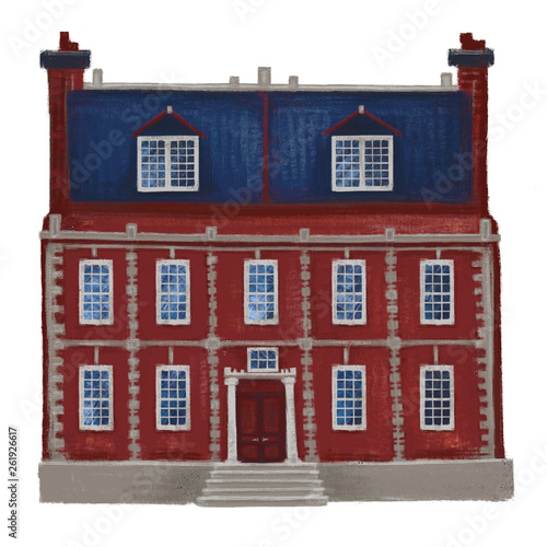 Red brick old building with a blue roof is isolated on a white background. mansion School.