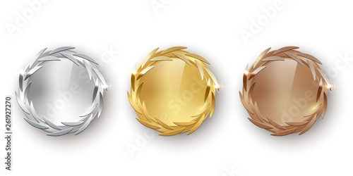 Award golden, silver and bronze blank medals 3d realistic vector color illustration on white background