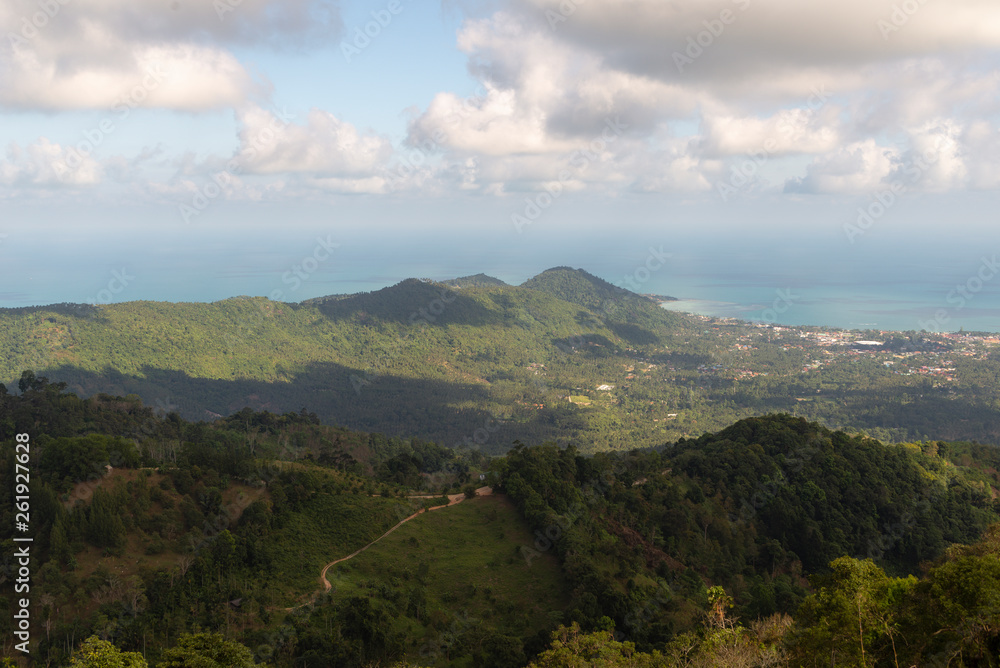 View of a nearby tropical jungle from high above the tree level, Koh Samui, Thailand