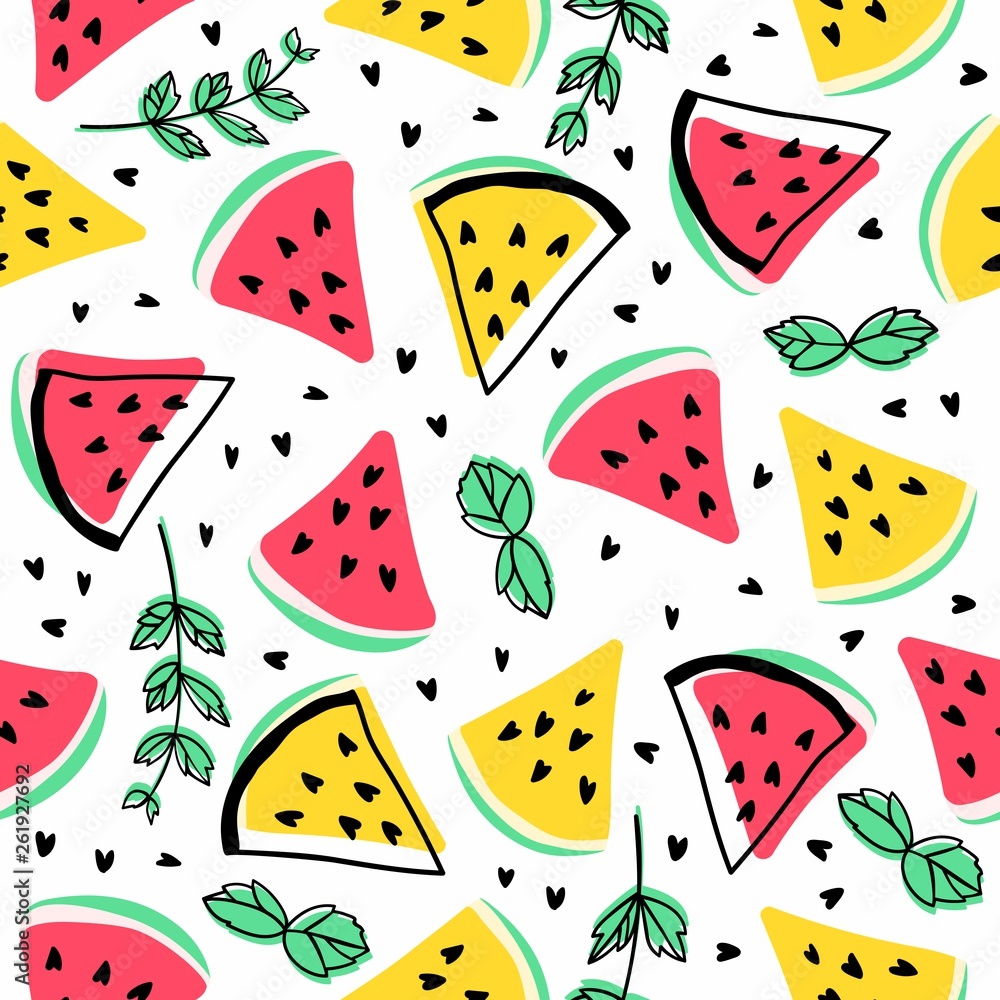 Seamless vector pattern with watermelons and mint.Bright summer background. Seamless vector pattern with watermelons and mint.Bright summer background.