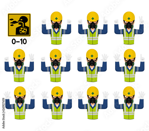 Set of industrial worker with gas mask is gesturing hand sign (0-10)