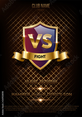 Battle vector banner concept. Competition illustration with glowing golden shield with versus symbol. Night club event promotion. MMA, wrestling, boxing fight poster.