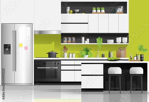 Interior background with modern black and white kitchen , vector , illustration