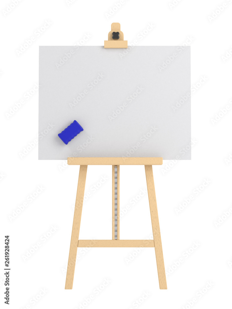 Empty easel with empty whiteboard (magnetic board) isolated on white. Mockup template - 3D rendering Empty easel with empty whiteboard (magnetic board) isolated on white. Mockup template - 3D rendering