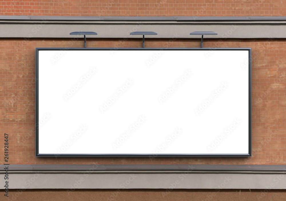 3D rendering of blank billboard (empty advertisement) on brick wall. Empty mockup template 3D rendering of blank billboard (empty advertisement) on brick wall. Empty mockup template