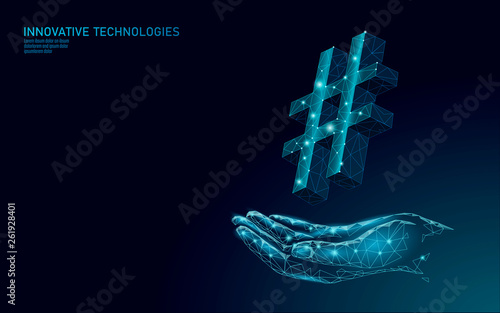 3D hashtag symbol dark blue glowing low poly. Communication online social media share search posts. Information innovation web technology on hand vector illustration