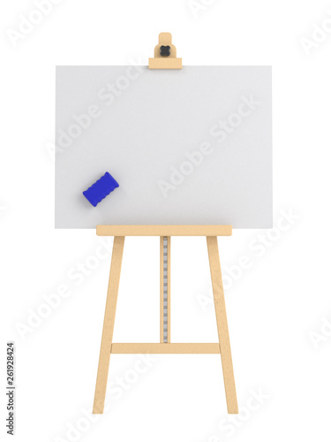 Empty easel with empty whiteboard (magnetic board) isolated on white. Mockup template - 3D rendering