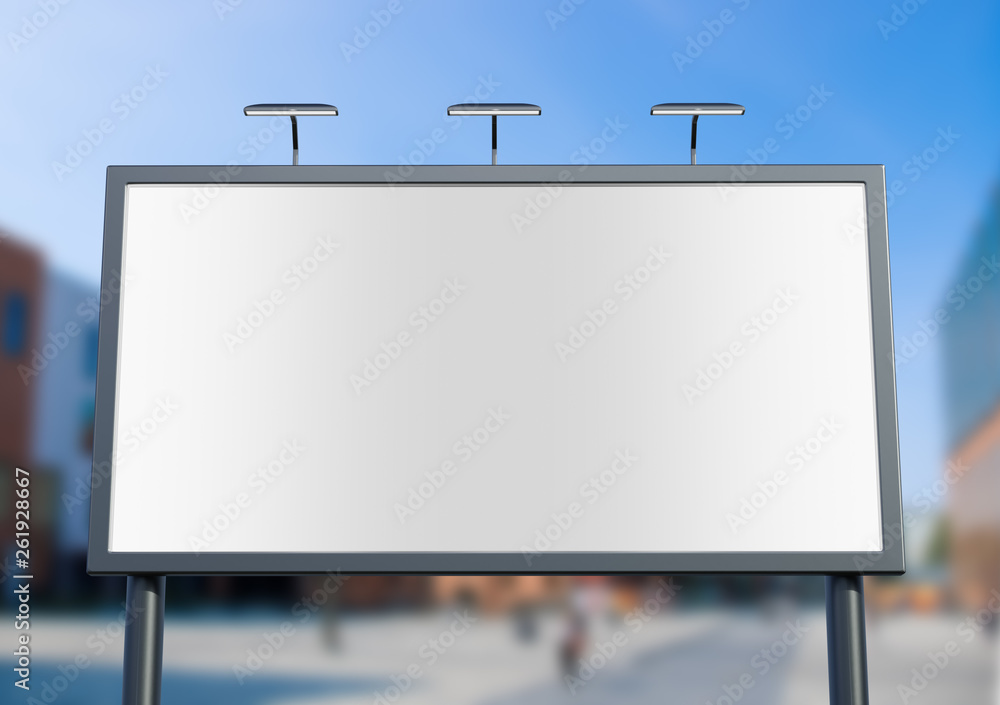 Obraz premium 3D rendering of blank billboard (empty advertisement) with city background. Empty mockup template