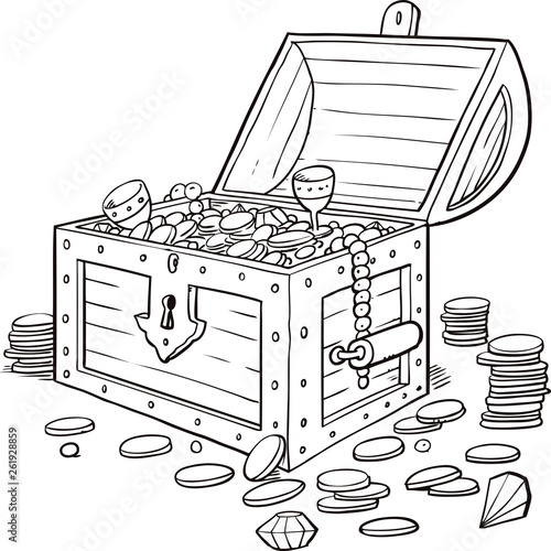 Opened wooden chest with treasures. Vintage sketch vector illustration