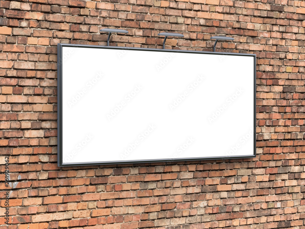custom made wallpaper toronto digital3D rendering of blank billboard (empty advertisement) on brick wall. Empty mockup template