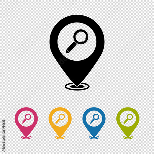 Map Pointer, Location Finder, Search Icon, Magnifying Glass Icon - Vector Illustration Isolated On Transparent Background