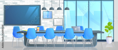 Boardroom Interior Design Home Decor panorama banner. Office Conference hall with long table with modern chairs and full HD tv and loft block wall. Vector catroon illustration photo