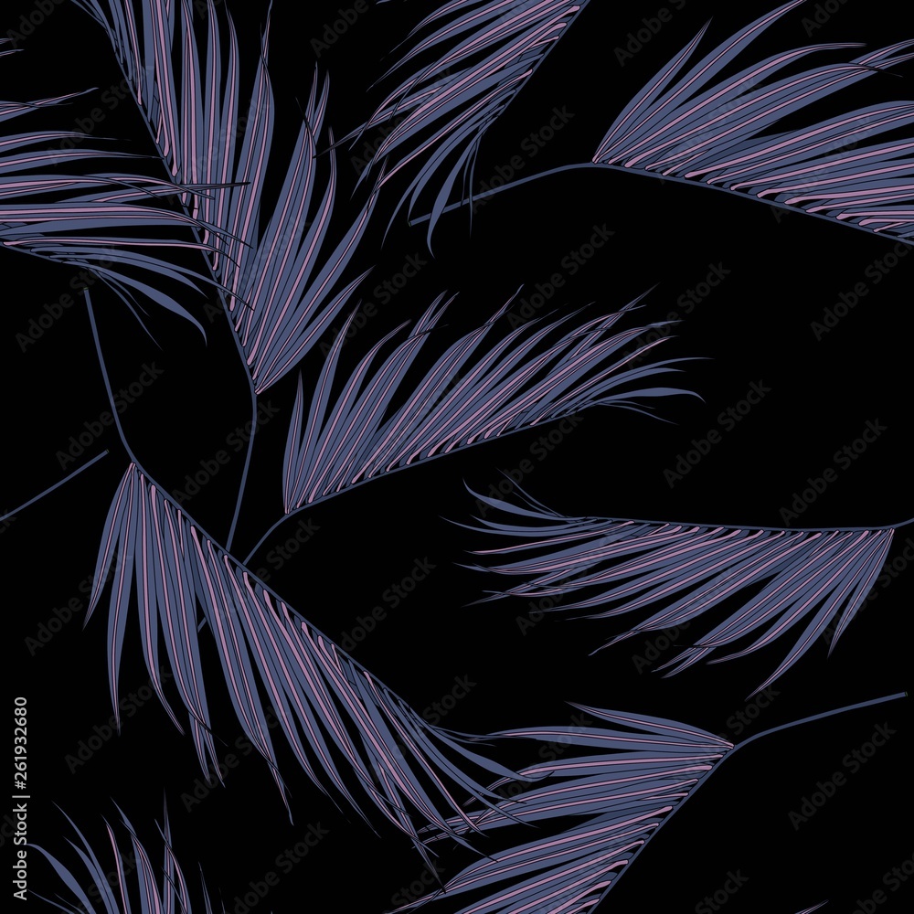 Fototapeta premium Violet coconut palm leaves by hand drawing and sketch with line-art seamless pattern on black backgrounds.