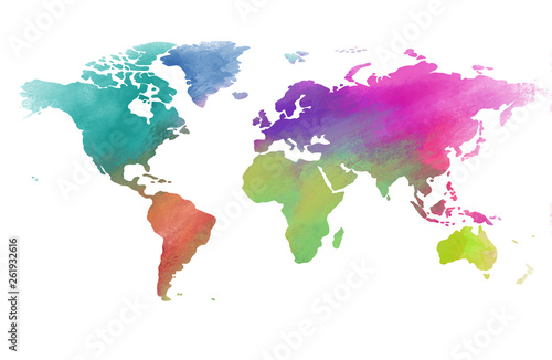 Colorful watercolor world map on canvas background. Digital painting.