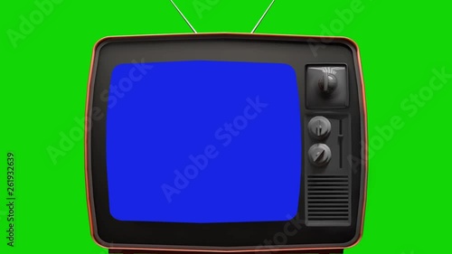 Old TV, Green Background with Blue Screen. Ready to Replace Each Color Screens with any Footage or Picture you Want. You can do it with Keying (Chroma Key) effect. photo