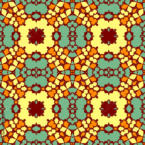 Contrast decorative abstract seamless pattern consists of Damask ornament. Yellow, orange, and green hues on the muted background. Seamless vector as a fabric texture, paper, tile.