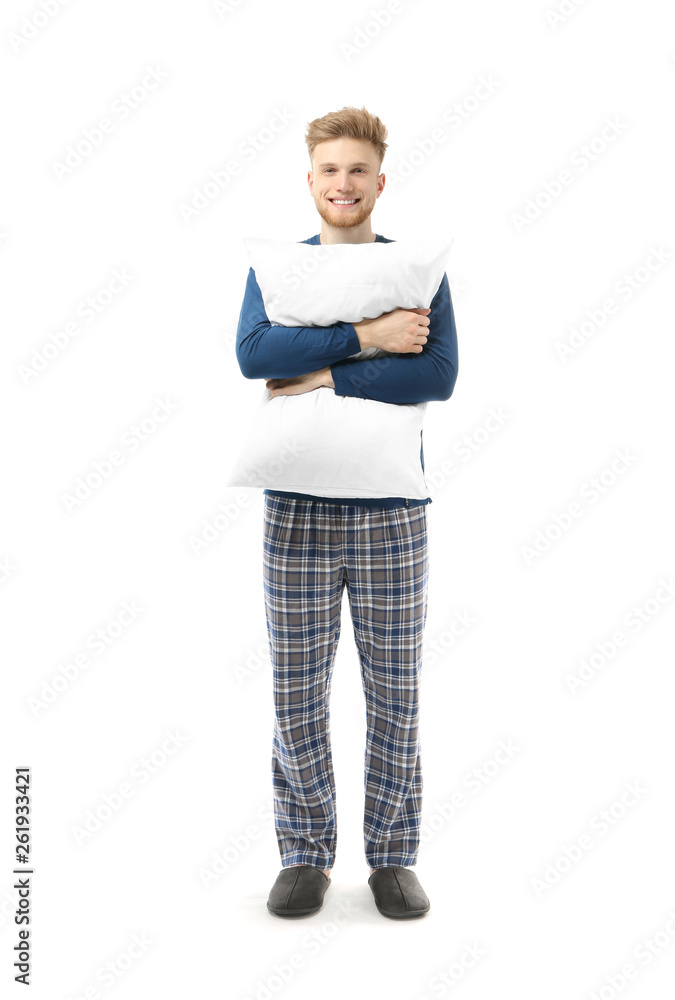 Handsome man with pillow on white background Handsome man with pillow on white background