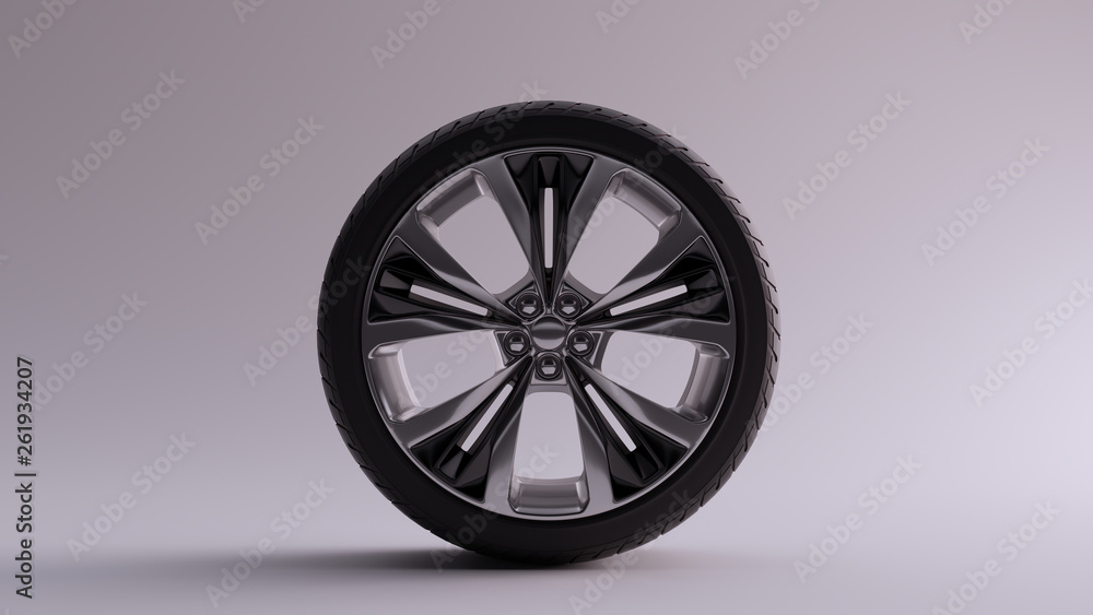 Alloy Rim Wheel with 5 Detailed Flared Spokes Open Wheel Design Silver Chrome an Black Chrome with Racing Tyre 3d illustration 3d render