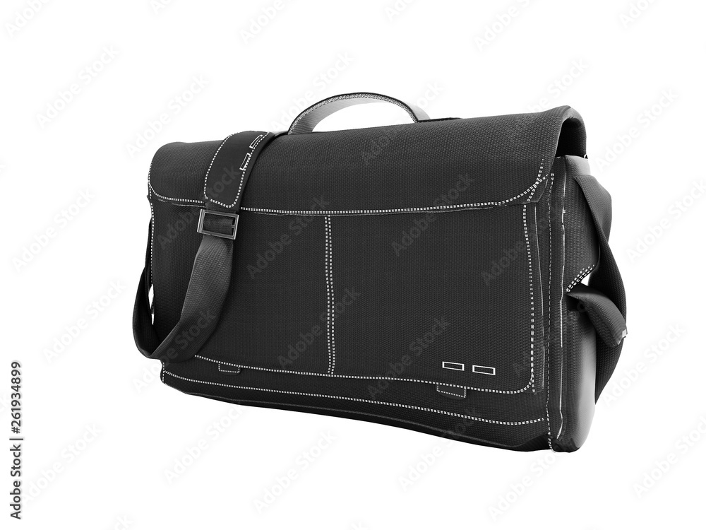 Black denim bag over the shoulder for work 3d render on white background no shadow Black denim bag over the shoulder for work 3d render on white background no shadow