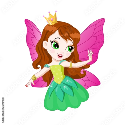 A terrific girl fairy in a crown with pink wings, a green smart dress, with brown hair and green eyes. Charming fairy admires her manicure. For icon, game. Vector illustration. Without background. EPS