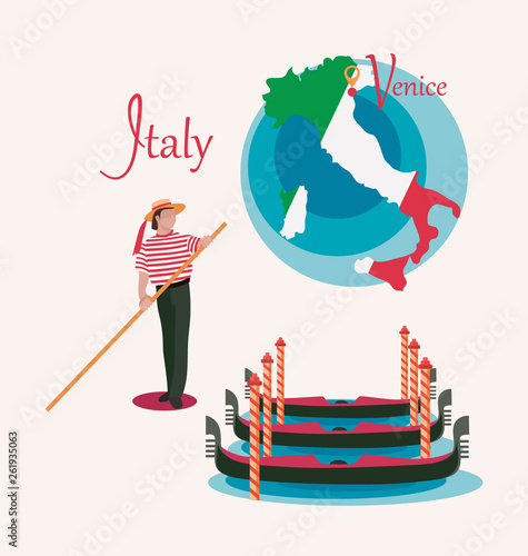 Italy map. Venice. Gondolas and gondolier. Set. Invitation to travel in Italy. Italian male profession. Design elements for tourist poster. Image isolated on white background.