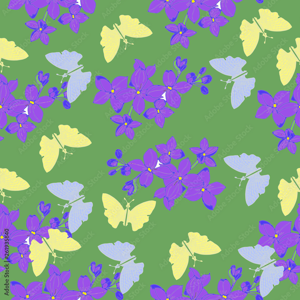 Beautiful colorful tropical butterflies on Seamless background. Fabric, wallpaper, bedding design.Vector illustration Beautiful colorful tropical butterflies on Seamless background. Fabric, wallpaper, bedding design.Vector illustration