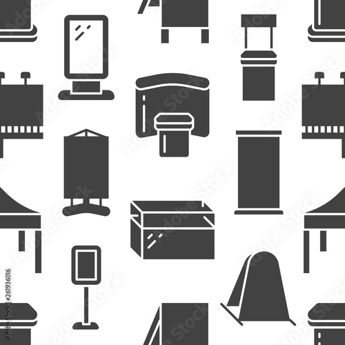 Advertising exhibition banner stands, display seamless pattern with flat glyph icons. Billboard, folding marquees, promo counter, showcase vector illustration. Trade objects signs