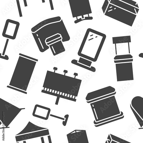 Advertising exhibition banner stands, display seamless pattern with flat glyph icons. Billboard, folding marquees, promo counter, showcase vector illustration. Trade objects signs