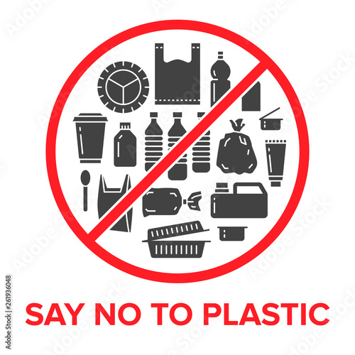 Stop using plastic circle template with flat glyph icons. Polyethylene pollution awareness vector illustration for poster. Signs of plastics waste, bag, package, canister, bottle, food container