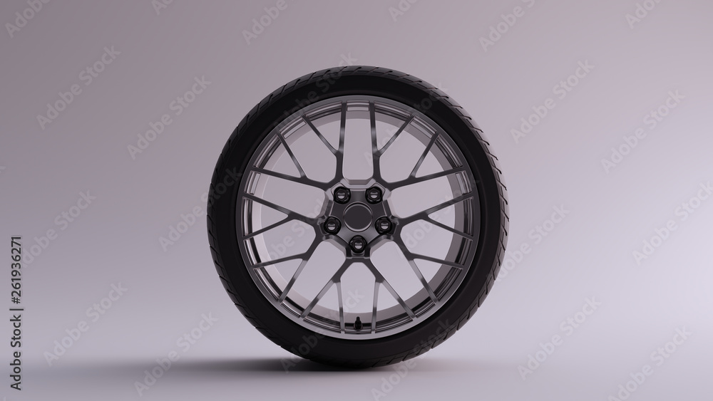 Alloy Rim Wheel with a Complex Multi Spokes Open Wheel Design Silver Chrome with Racing Tyre 3d illustration 3d render