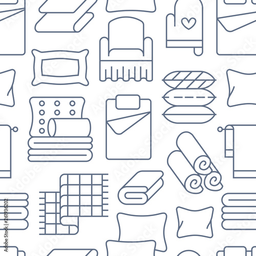 Home textiles seamless pattern with flat line icons. Bedding, bedroom linen, pillows, sheets set, blanket and duvet thin linear illustrations. Blue white background for interior store