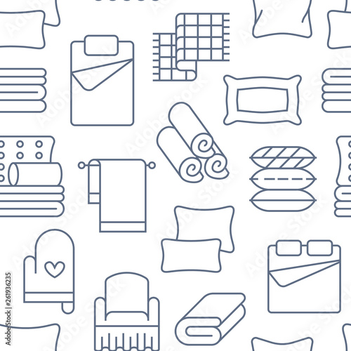 Home textiles seamless pattern with flat line icons. Bedding, bedroom linen, pillows, sheets set, blanket and duvet thin linear illustrations. Blue white background for interior store