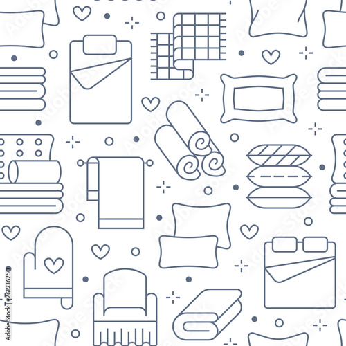 Home textiles seamless pattern with flat line icons. Bedding, bedroom linen, pillows, sheets set, blanket and duvet thin linear illustrations. Blue white background for interior store