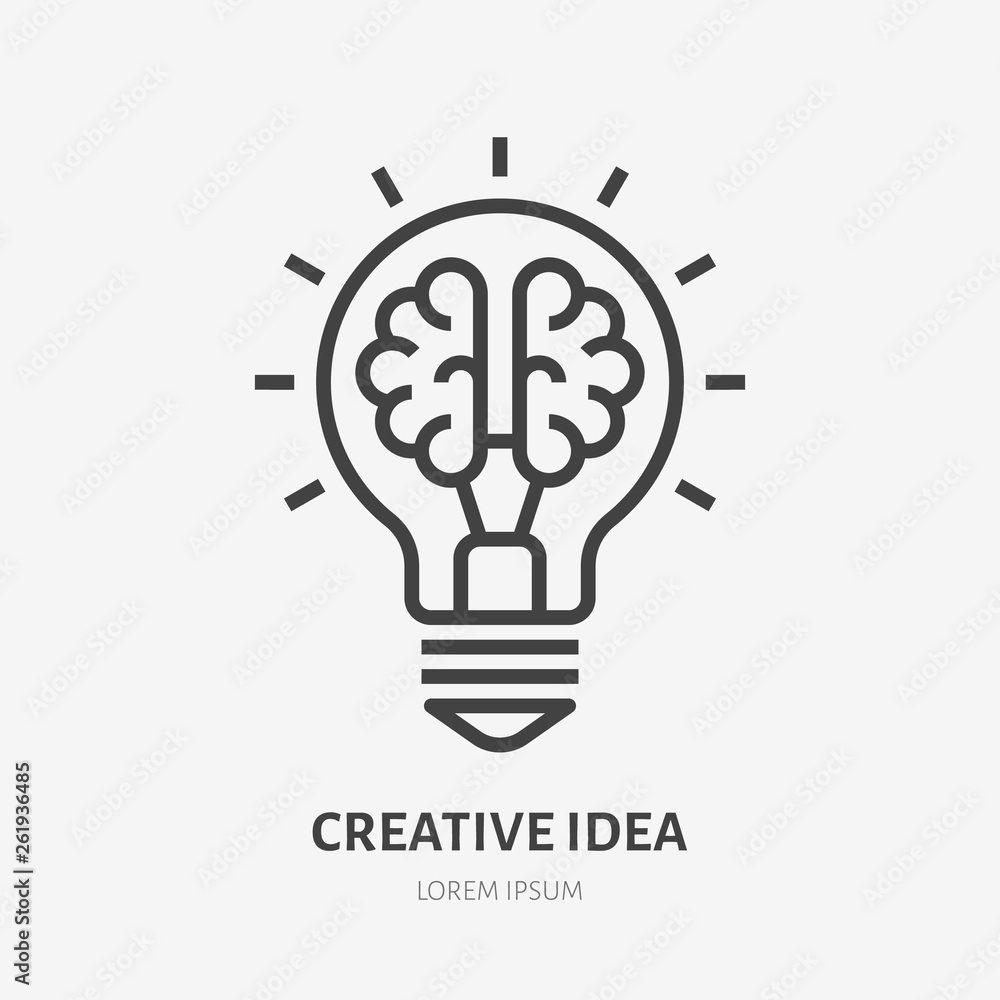 Creative idea flat line icon. Brain in lightbulb vector illustration. Thin sign of innovation, solution, education logo Creative idea flat line icon. Brain in lightbulb vector illustration. Thin sign of innovation, solution, education logo