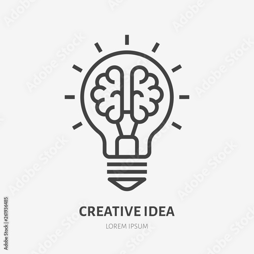 Creative idea flat line icon. Brain in lightbulb vector illustration. Thin sign of innovation, solution, education logo photo