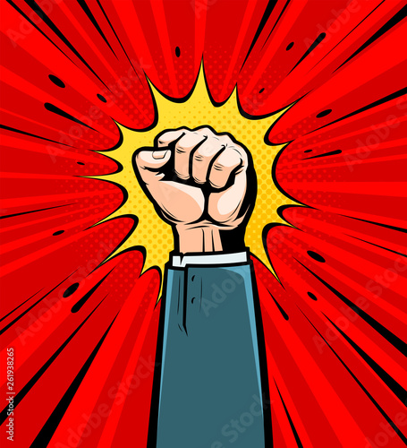 Clenched fist raised up. Cartoon in pop art retro comic style, vector illustration