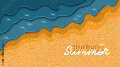 Stylized blue ocean wave on sandy beach with place for text.