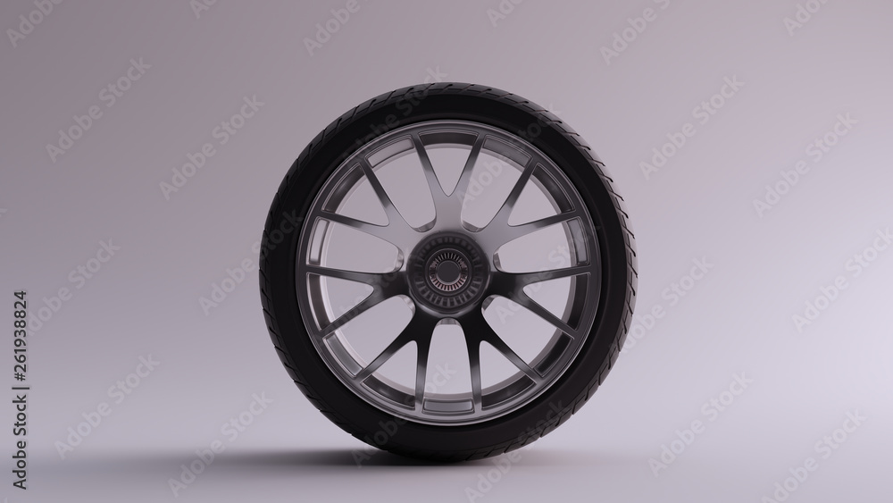 Alloy Rim Wheel with a Complex 14 Spoke Offset Open Wheel Design Silver Chrome with Racing Tyre 3d illustration 3d render