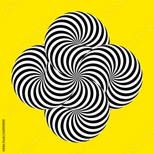 IInfinity symbol of interlaced circles. Impossible shape on color background. Optical illusion with striped lines. Black white stripes of circle.