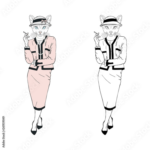 Humanized lady cat hipster dressed up in classy suit and hat with cigarette. Hand drawn vector illustration. Furry art image. Anthropomorphic animal.