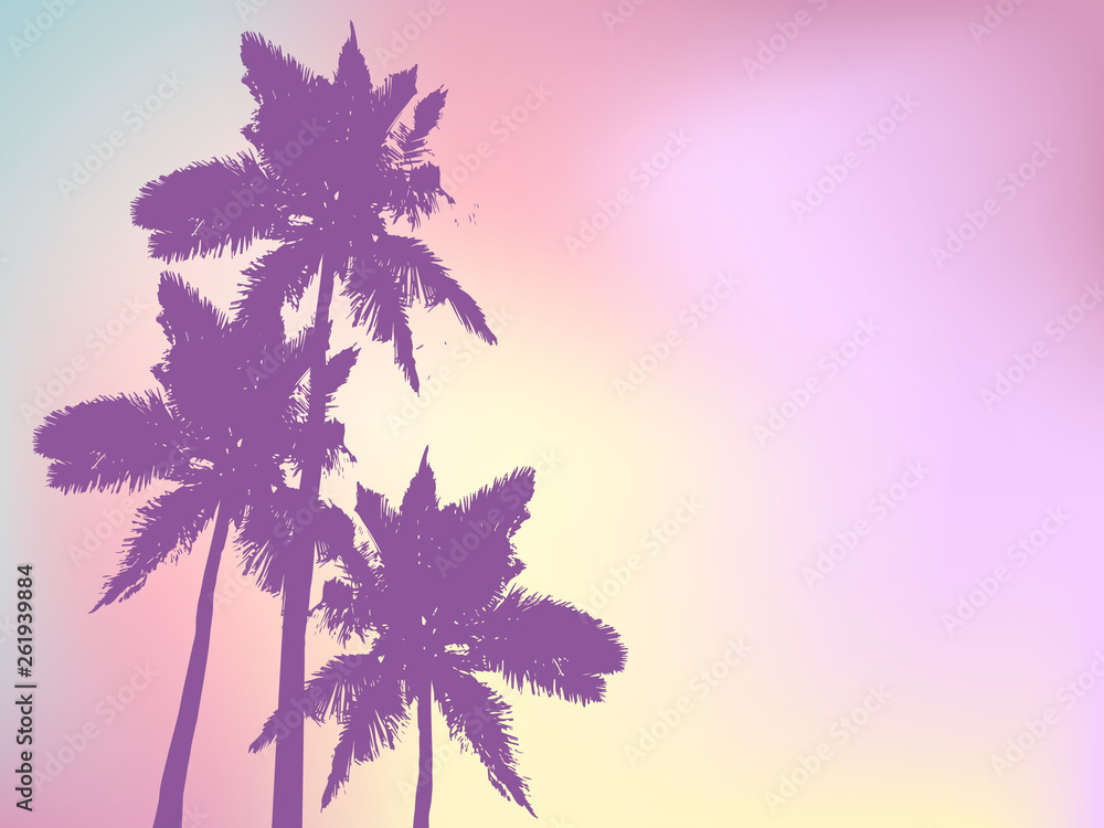 Background with silhouette of palm trees and tropical sunrise. Vector iilustration