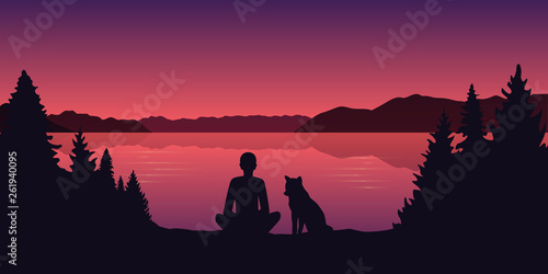 man and his dog by the lake beautiful red landscape vector illustration EPS10