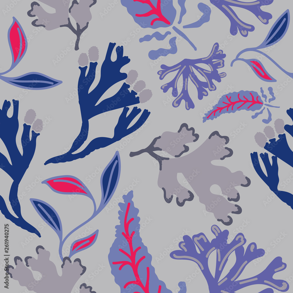 Seamless pattern with abstract seaweed. Hand drawn repeat background. Flat style illustration. Seamless pattern with abstract seaweed. Hand drawn repeat background. Flat style illustration.