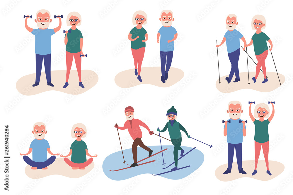 Happy elderly man and woman goes in for sports set. Skiing, dumbbell exercises, running, yoga, nordic walking. Elderly people active lifestyle. Vector illustration