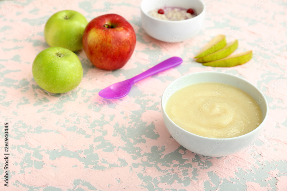 Bowl with healthy baby food on table Bowl with healthy baby food on table
