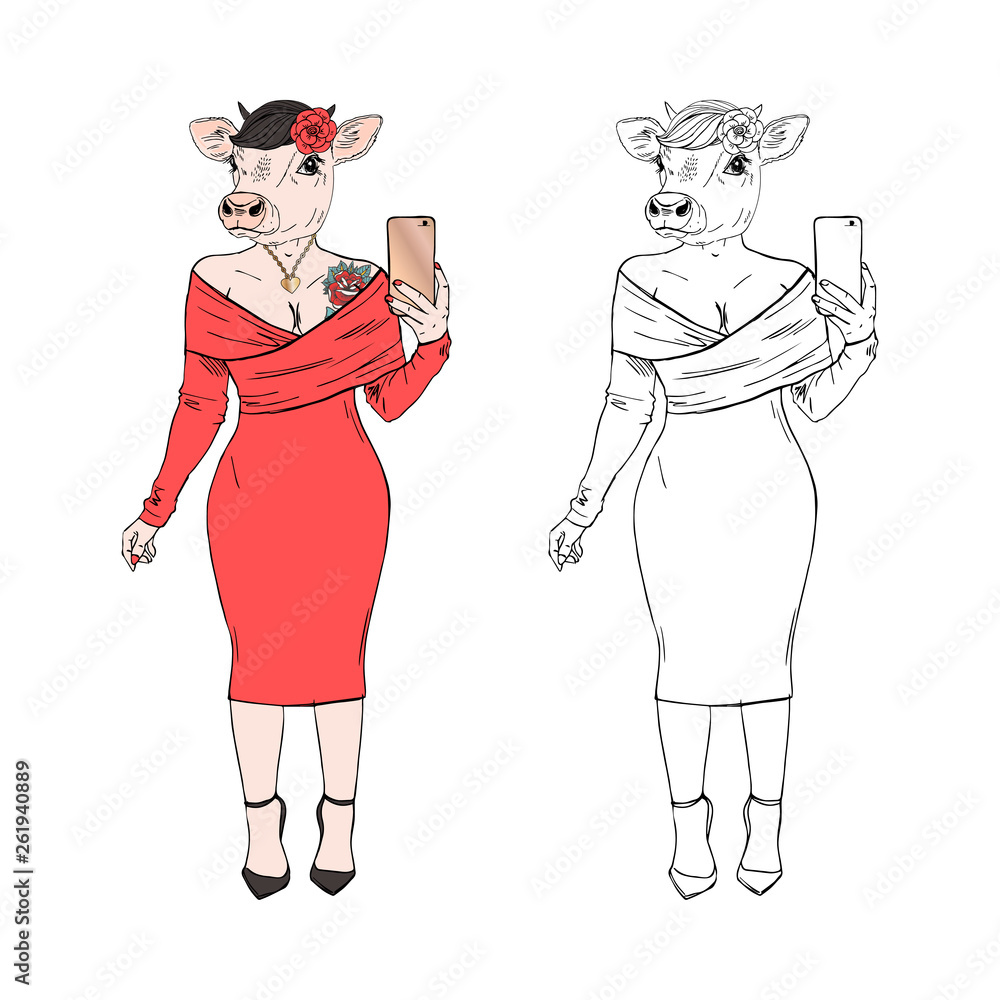 Humanized sexy cow woman hipster with tattoo dressed up in red dress making  selfie. Hand drawn vector illustration. Furry art image. Anthropomorphic  animal. Stock Vector | Adobe Stock