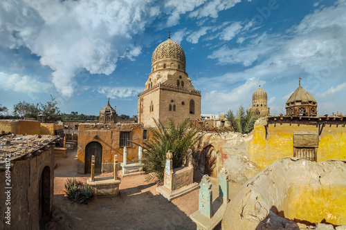 View of the ancient minarets of the tombs of the city of the dead on a sunny day in Cairo