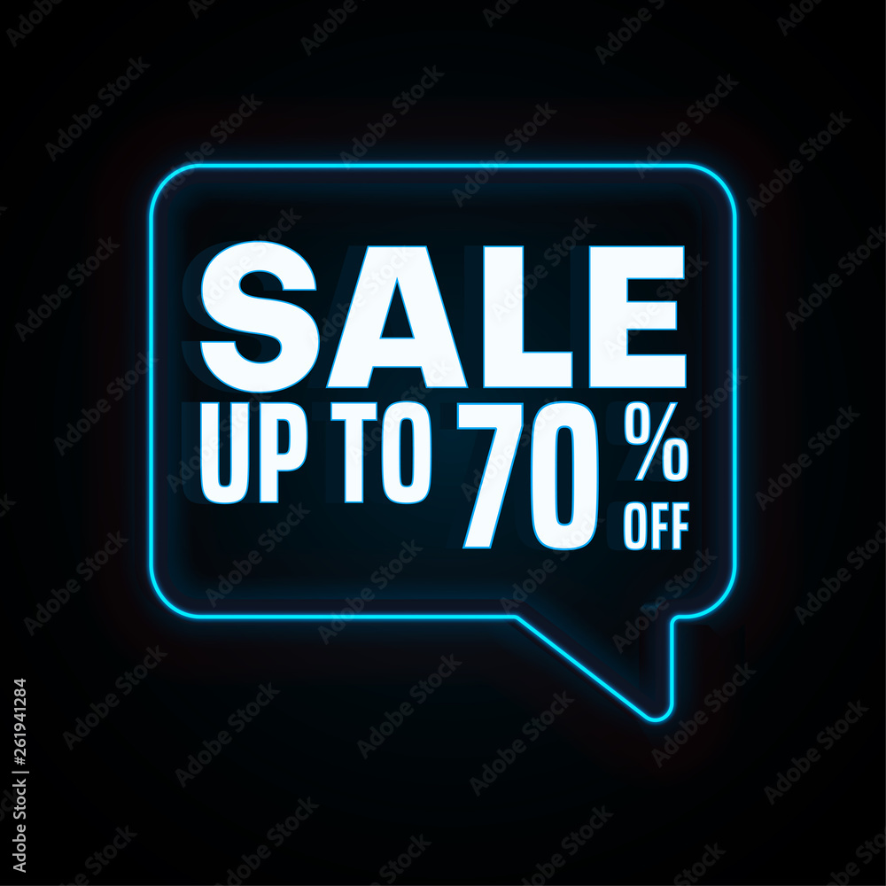 Sale up to 50% off. Black promo poster with blue neon speech bubble. Sale up to 50% off. Black promo poster with blue neon speech bubble.