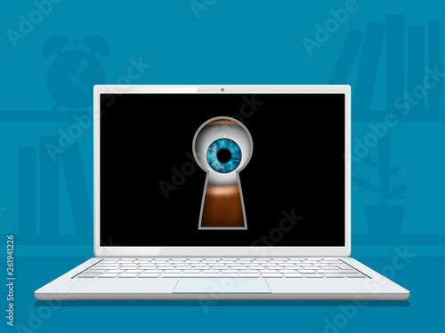 Eye looks into the keyhole on the laptop screen.